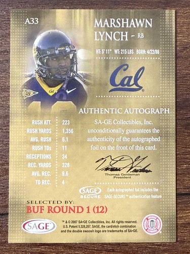 2007 Sage Marshawn Lynch Rookie Auto #'d /200 Gold Level RC Hand Numbered #A33 - Picture 2 of 6