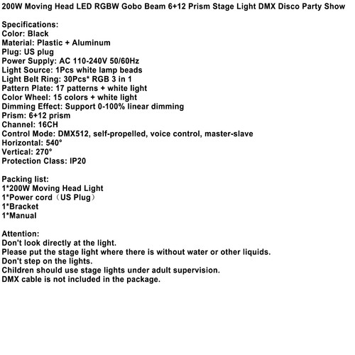 🚀200W Moving Head LED RGBW Gobo Beam 612 Prisma Bühnenlicht DMX Disco Party Show - Bild 7 von 11