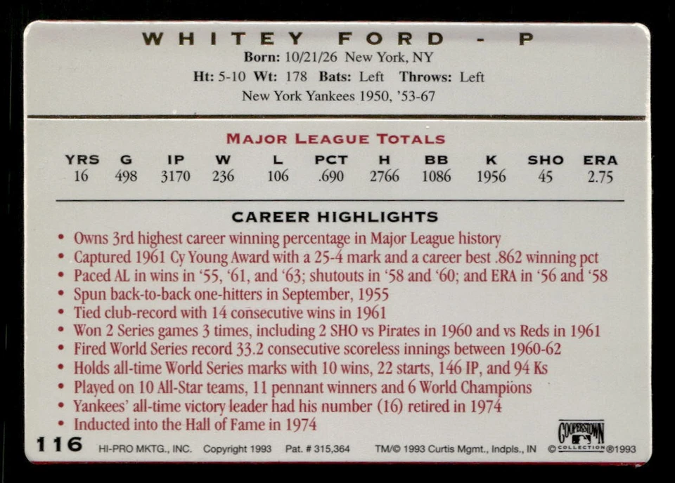 1993 Action Packed All-Star Gallery Series II #116 Whitey Ford - Image 2 of 2