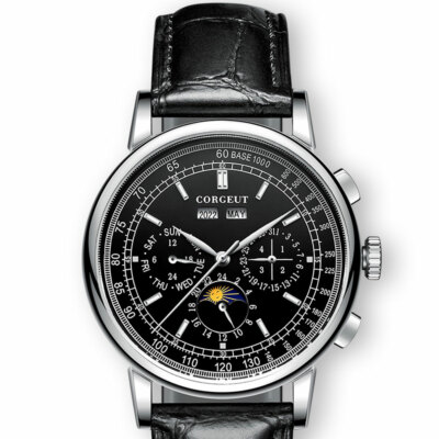 42mm Corgeut black dial date day 24 hours multifunction automatic mens Watch