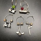 3 Silver Tone Gold Themed Drink Charms and 2 Golf Themed Earrings Drink Charms