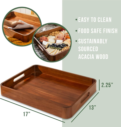 Acacia Wooden Serving Trays with Handles for Eating, Appetizers, Food, Snacks, o - Picture 2 of 6