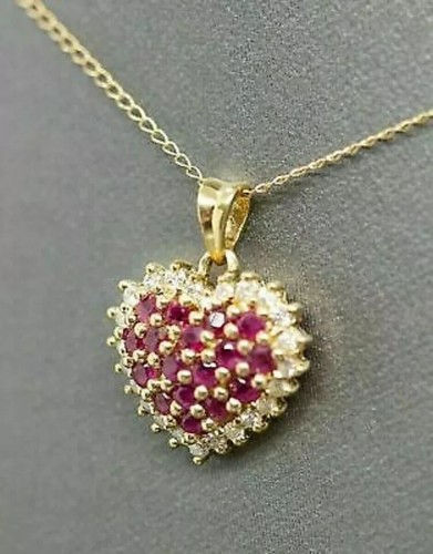 3Ct Round Cut Lab Created Red Ruby Heart Shape Pendant 14K Yellow Gold Finish - Picture 2 of 5