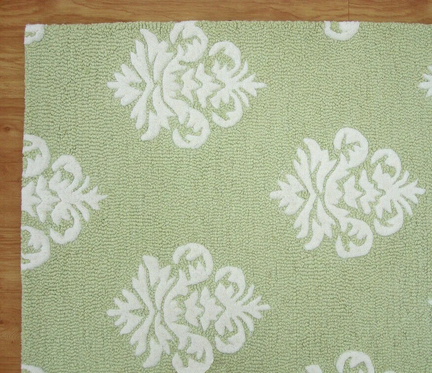 Alfombra alfombra Damasco Verde Blanco Moderna Lazo Hecha a Mano 100% Lana. Foto 2 de 4