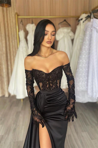 Black Mermaid Prom Dresses Sexy Side Slit Detachable Long Sleeves Party Gowns - Picture 3 of 7