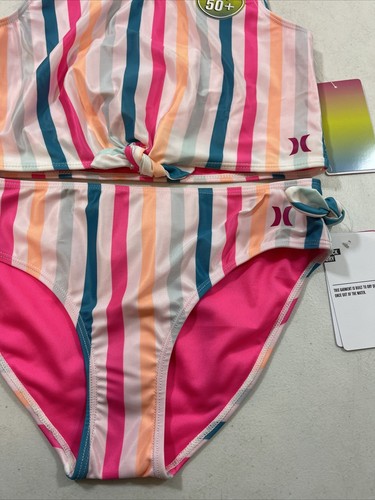 Big Girls Hurley Striped 2-Piece Swim Suit Bow (Pick Size) - Picture 2 of 6