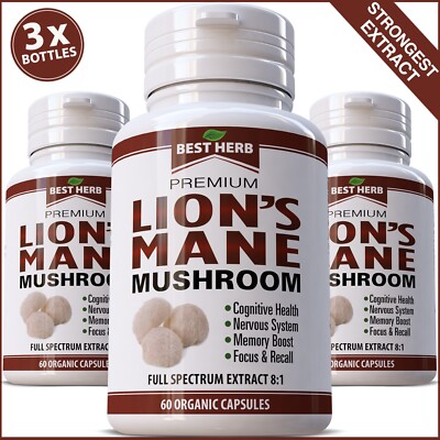 180 LIONS MANE MUSHROOM PILLS CAPSULES COGNITIVE BRAIN MEMORY BOOST FOCUS RECALL