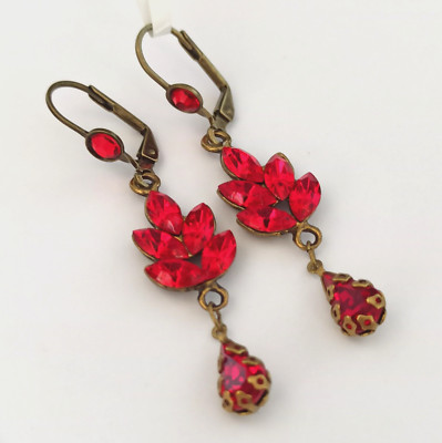 Michal Negrin Earrings Blood Red Leaves Cluster Pin Cone Sparkly Crystals Long