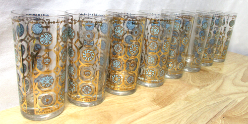 8 Culver Cocktail Gläser Vintage Longdrink Azteken Gold & Türkis Medaillon getragen - Bild 4 von 14