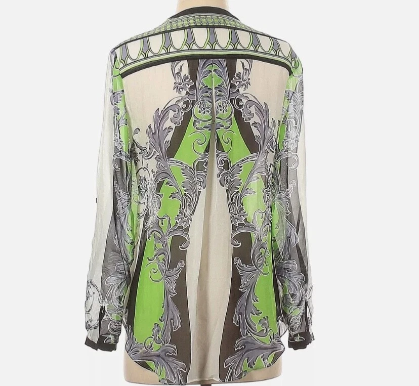 Blusa para mujer Hale Bob 100 % seda verde blanca negra manga larga lengüeta enrollable talla S” Foto 3 de 4