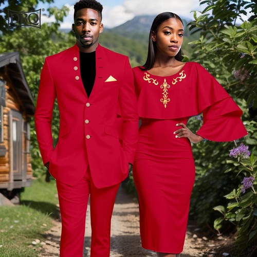 African Couple Clothing Men Blazer Pants Suit and O Neck Knee Length Women Dress - Picture 9 of 19