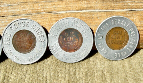 group 5 pcs WHEAT EAR CENT ENCASED PENNIES REXALL DRUG, RED GOOSE SHOES BENDIX - Picture 5 of 12