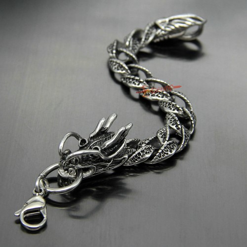 Men's Boy's Retro Chinese Dragon Zodiac Stainless Steel Link Chain Bracelet - Bild 4 von 11