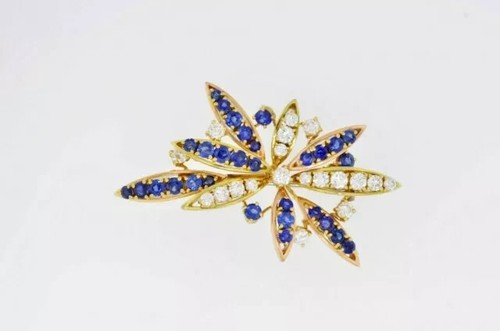 Lab Created Sapphire Flower Style Pin Brooch 2Ct Oval Cut 14K Two Gold Plated - Picture 6 of 6