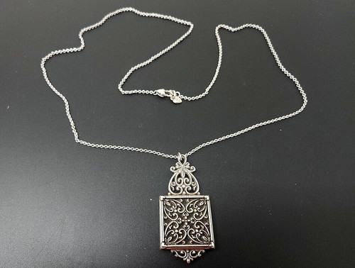 Vintage Brighton Silver tone Filigree Mirror Large Pendant Chain Necklace 32"