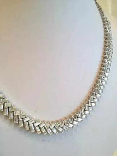 28 Ct Baguette Simulated Diamond Cluster Tennis Necklace 14k White Gold Plated - Picture 3 of 5