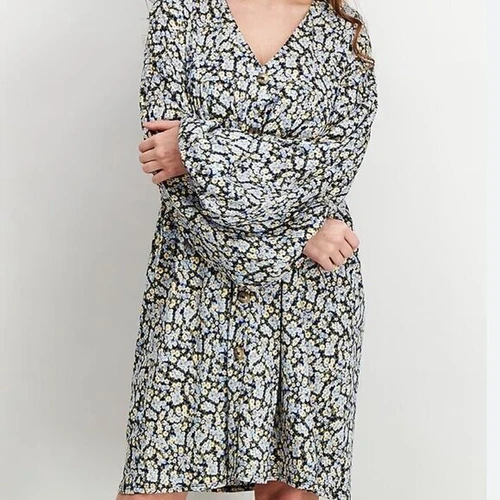 ASOS Floral V-Neck Faux Button Front Balloon Sleeve Dress Women's Size 12 Tall