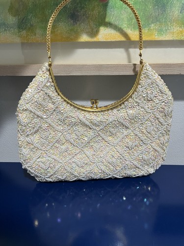 Cream Sequin Beaded Bag Clutch Purse Gold Frame Vtg 50s 60s Handmade Hong Kong - Picture 4 of 8
