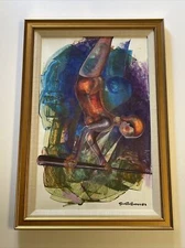 Vintage Painting Abstract Surrealism Cubism Modernism Signed Mystery Mexican Art