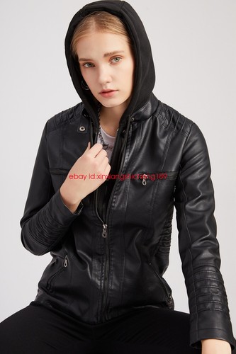 Women's Hooded leather jacket 2in1 detachable hat Coat PU leather Jacket UK6-18 - Picture 2 of 18