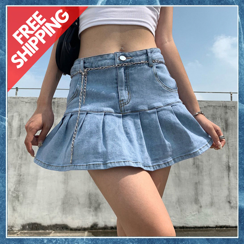  Blue Denim Pleated Skirt Women Fashion Vintage High Waist Short  Micro Mini Skirt Jeans : Clothing, Shoes & Jewelry