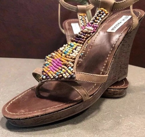 Madden Sz 10 Beaded Wedge Cork Heels Ankle Straps - Picture 2 of 11