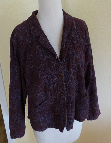 FLAX '06 SMALL WALE LIGHT WEIGHT CORDUROY EMBROIDERED FLOWER PATTERN JACKET S  - Picture 1 of 3