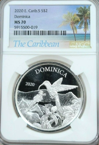 2020 EAST CARIBBEAN STATES SILVER 2 DOLLARS DOMINICA HUMMINGBIRD NGC MS 70 !!