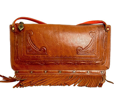 MADDALENA MARCONI ITALY TAN GENUINE LEATHER FRINGE SLIM SHOULDER BAG HANDBAG