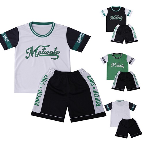 Kids Boys Suit Football Outfits Letter Print Set Quick-Drying Round Neck Gym - Picture 3 of 35