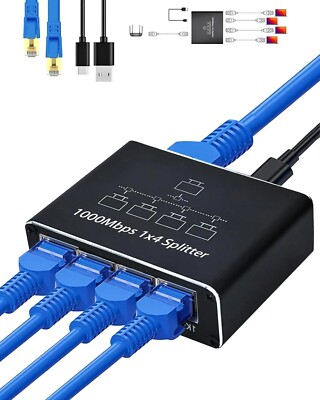 1000Mbps Ethernet Splitter 1-to-4 RJ45 LAN Hub for PC, Laptop, Router & TV