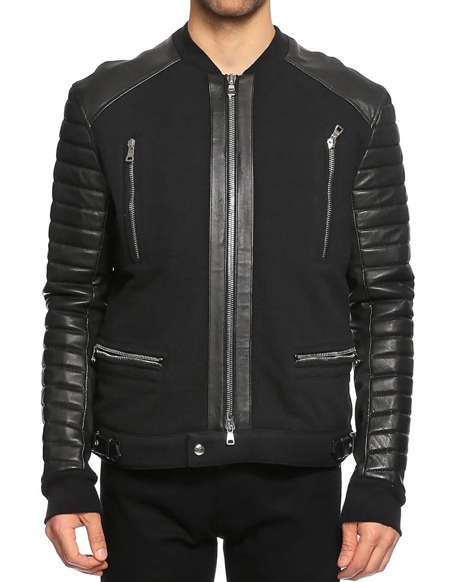 $3245 Balmain Men's Zip Front Cotton & Leather Biker Moto