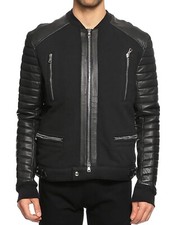  3245 Balmain Men's Zip Front Cotton  Leather Biker Moto Jacket Black Size L
