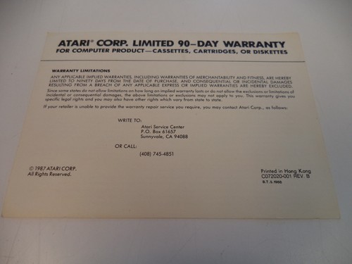 Authentic Atari 2600 Limited Warranty Registration Card for Cartridges Cassettes - Picture 2 of 2