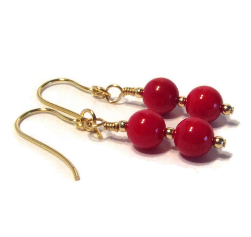 9ct Gold Earrings with Red Coral and 9ct Gold Beads, Gemstone Bead Drop Earrings - Picture 2 of 10