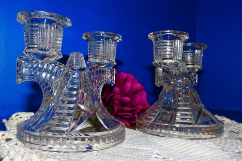 Vintage Federal Pressglas "Wigwam" Doppel Kerzenhalter Paar ~ Depressionsglas - Bild 4 von 7