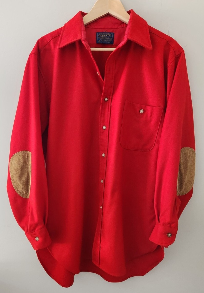 トップス 70s PENDLETON Elbow patch Wool shirt Vtg 70's Pendleton Men's Red Virgin Wool Button Up Shirt Suede
