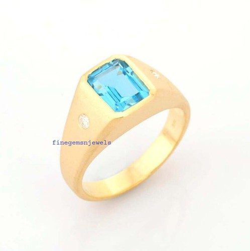 Natural Blue topaz & CZ Gemstones 925 Sterling silver Gold Plated Men's Ring #99 - Picture 4 of 6