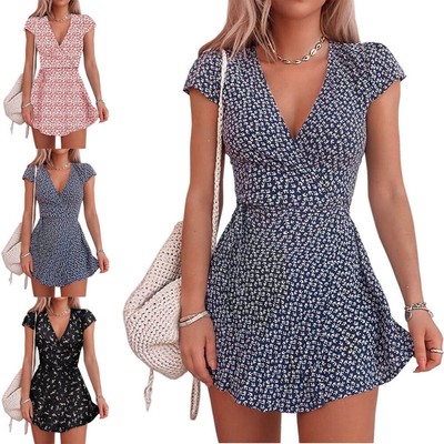 HITRAS Women Dresses Summer V Neck Wrap Bikini Swimsuit Cover Vintage Floral Short Sleeve Flowy Boho Beach Long Dress HITRAS Women Dresses Summer V Neck Wrap Bikini Swimsuit Cover Vintage Floral Short Sleeve Flowy Boho Beach Long Dress