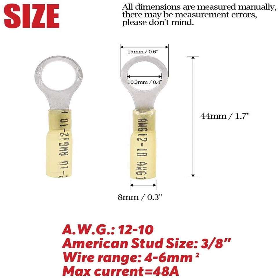 20-1000x 12-10AWG Yellow Heat Shrink Ring Terminal Wire Crimp Connector M10 Bolt - Image 3 of 4