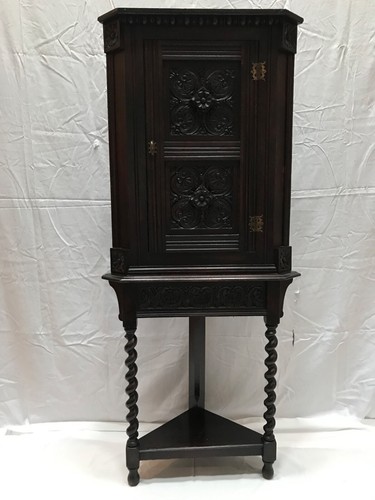 antique English carved dark stain oak corner cabinet barley twist legs base