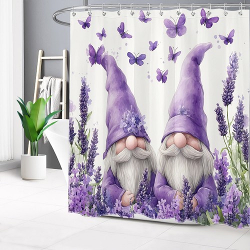 Butterfly Funny Gnome Purple Lavender Shower Curtain Bathroom Accessories Set - Picture 4 of 22