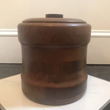 Vtg Kustom Kraft Solid Black Walnut Wooden Brown Ice Bucket Mod Mid Century USA