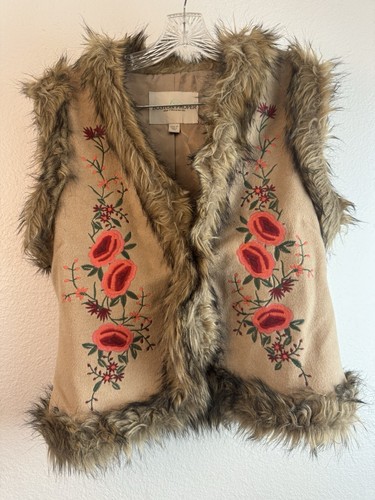 Boston Proper Brown Faux Fur Vest Gorgeous Floral Embroidery Size 14