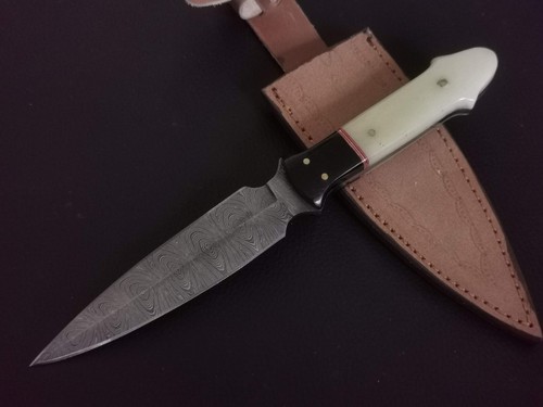 9" CUSTOM HAND MADE DAMASCUS STEEL DAGGER KNIFE CAMEL BONE HANDLE W/SHEATH C51 - Picture 6 of 8