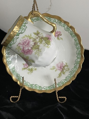 Taza y platillo Lewis Strauss & Sons LS&S Francia LIMOGES pintado a mano Demitasse - Imagen 10 de 10