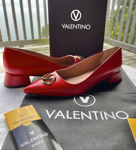 Valentino By Mario Valentino RARE Perla Logo Red Leather Block Heel Pumps 9M NEW - Picture 10 of 14