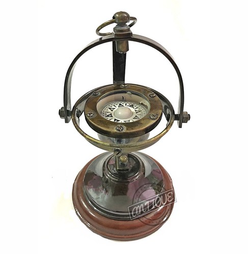 NAUTICAL SHIP GIMBALED COMPASS ON WOOD BASE MARITIME HOME/OFFICE DECOR GIFT DESK - Bild 1 von 5