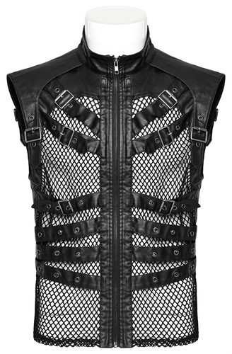 PUNK RAVE Men Black Gothic Punk Handsome Mesh Leather Loop Hollow Vest Waistcoat - Picture 11 of 21