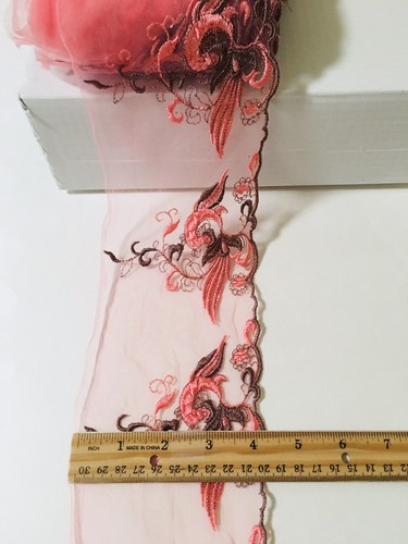 2 Yds Pink & Brown Floral Embroidered Lace Trim for Sewing/Craft/Blouse/4" Wide - Picture 3 of 12